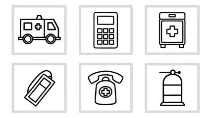 Collection of simple line art icons representing emergency medical and safety equipment