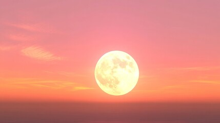 Serene full moon rising over a pastel sunset sky, creating a dreamy, atmospheric scene