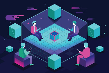 Four professionals collaborate within a digital isometric workspace to analyze and strategize creative concepts in a futuristic environment.