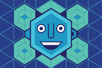 Geometric smiling face illustration with a modern abstract style and various shades of blue