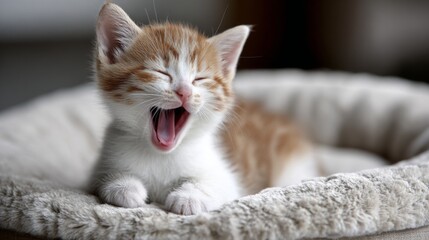 A sleepy kitten yawning before settling down for a nap on a soft cushion