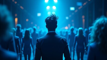 Man in suit facing crowd bathed in blue light from behind in a dark venue or concert hall stage