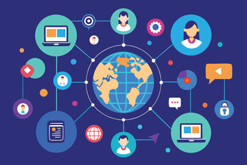 Global network of communication connecting people worldwide through digital devices and information sharing