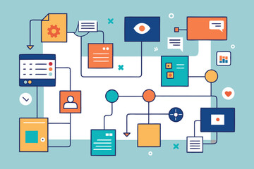 Illustrated diagram displaying information flow, processes, and connected elements in modern flat design