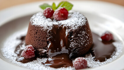 A delightful close-up of a molten chocolate lava cake with powdered sugar, showcasing the rich, flowing chocolate