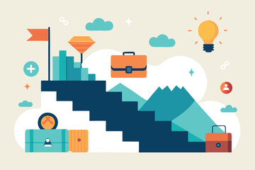 Illustrative depiction of career advancement showing steps with briefcase flag and reaching the top with ideas.
