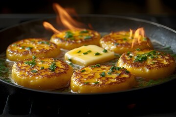 Gourmet Fried Potato Pancakes with Butter and Chives in a Flaming Pan