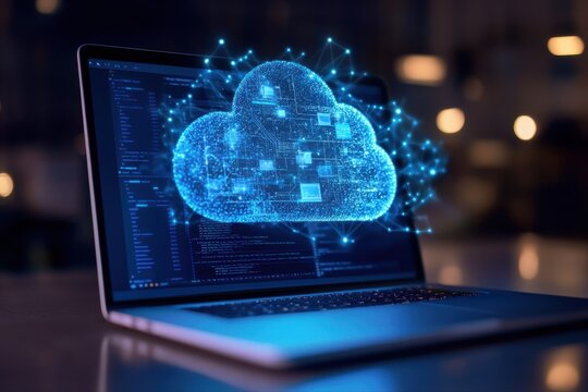 Laptop displaying a blue cloud graphic with code and bokeh lights in the background scene view