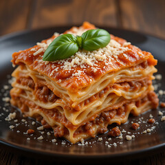 “Layered Lasagna with Meat Sauce, Melted Cheese, and Basil Garnish Served on Dark Plate”