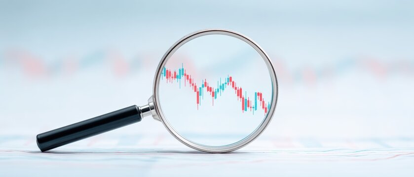 Analyzing market trends through a magnifying glass financial sector digital visualization minimalist environment close-up view economic insights