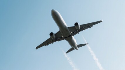 Fototapeta premium Airplane Taking Off Stunning Aerial View of Jet Plane Ascending into a Clear Blue Sky