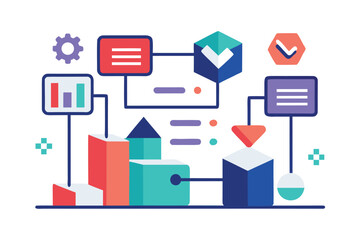 Modern abstract illustration of a business or data processing flow chart with connected elements in vibrant colors.