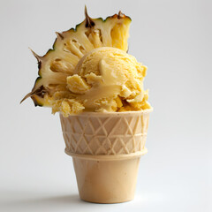 pineapple ice-cream waffle cone with piece of fruit