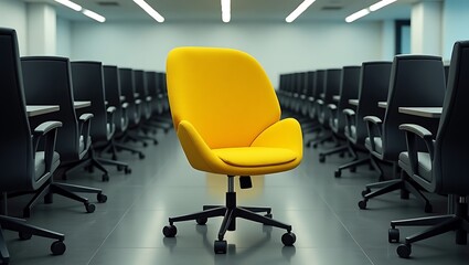 A bright yellow chair stands out among rows of black chairs in a well lit conference room space