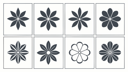 Collection of eight different dark gray abstract floral geometric patterns on white background