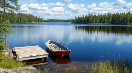 Naklejka premium Serene lakeside scene with a small red boat moored at a wooden dock, reflecting the blue sky and lush green forest