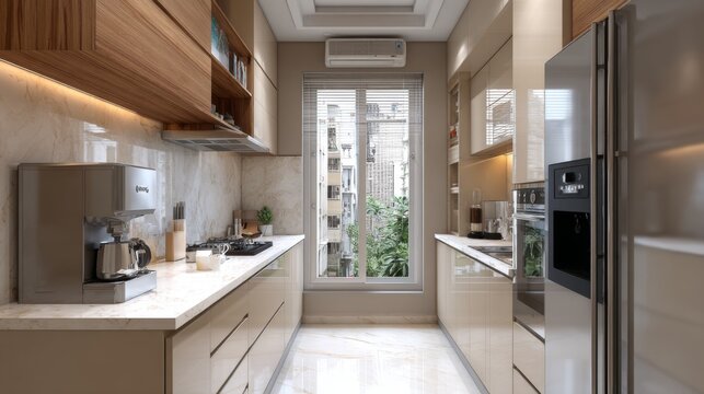 A small yet elegant kitchen with compact storage, neutral colors, and modern aesthetics