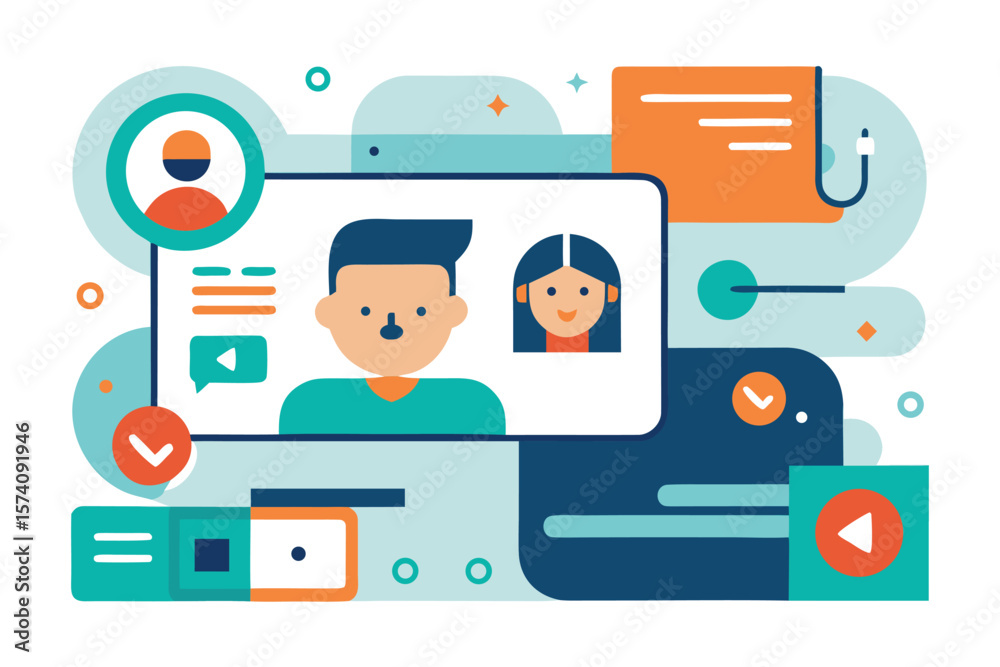 Poster online communication and social interaction concept depicted through abstract vector graphics and us