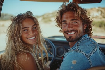 Smiling couple enjoying a scenic road trip in a vintage car
