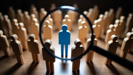 A blue figure stands out from a crowd of wooden figures seen through a magnifying glass focused on it