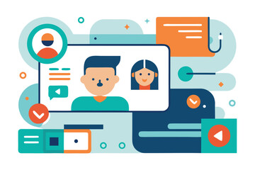 Online communication and social interaction concept depicted through abstract vector graphics and user profiles.