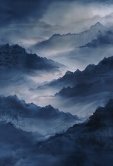 Abstract Chinese Landscape With Misty Mountains Under Moonlight