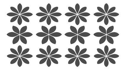 Seamless pattern of dark grey eight petal flowers on a white background