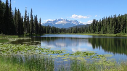 Fototapeta premium Serene mountain lake reflecting a clear blue sky, surrounded by lush greenery and tall evergreens