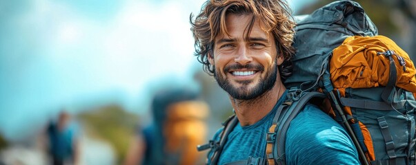 Young Man Smiling Outdoors with Backpack During a Hiking Adventure