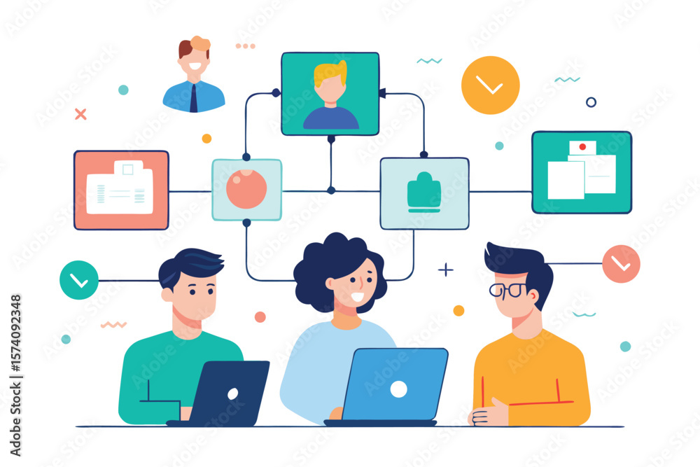 Poster team collaboration and project workflow visualized with modern illustrations and connected network d
