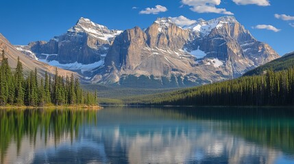 Serene mountain lake reflecting snow-capped peaks under a vibrant blue sky. The tranquil waters are surrounded by lush evergreen forests