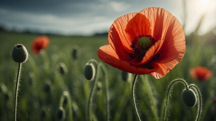 Close up of red poppy in a beautiful green field, somber and reverent mood, dynamic lighting