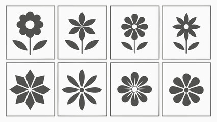 Collection of eight simple stylized floral icons in a grid layout