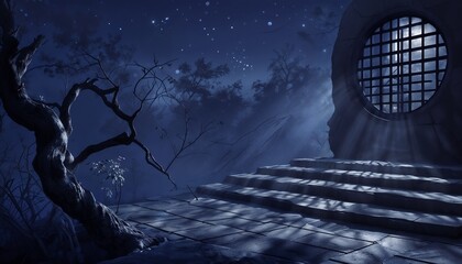 Moonlit Night Scene in a Dark Garden with Twisted Tree