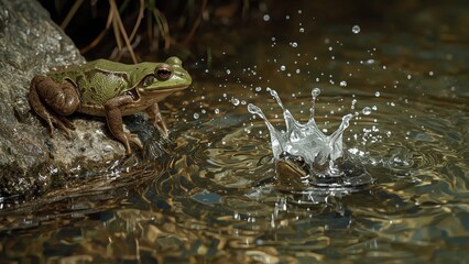 A lifelike frog on a rock by the riverbank, noticing the trapped turtle underwater. It leaps into the water in a dynamic action pose, creating a dramatic splash. Natural surroundings