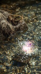 Vertical banner, wallpaper for social media of A lifelike frog on a rock by the riverbank, noticing the trapped turtle underwater. It leaps into the water in a dynamic action pose, creating a dramatic