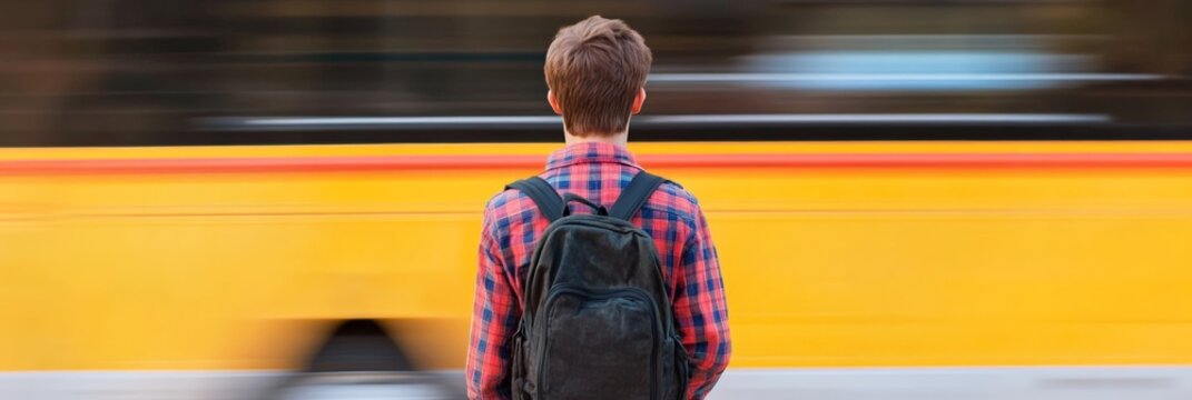 Young student with backpack watching moving school bus leaving, concept of back to school, education, transport and mobility, missed opportunities