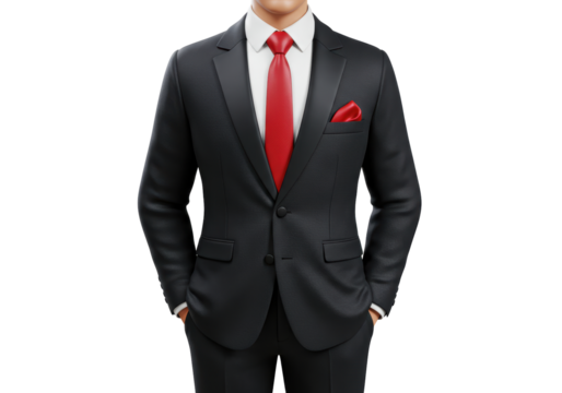 Isolated Formal Black Suit with Red Tie and Pocket Square