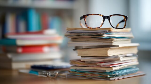 A stack of books and notes with a pair of glasses on a desk, representing overwhelming academic stress and the weight of information.