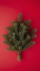 Vertical banner, wallpaper for social media of A lush bundle of fresh pine branches with delicate needles and subtle brown undertones is artfully arranged on a vibrant, fire engine red background