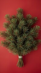 Vertical banner, wallpaper for social media of A lush bundle of fresh pine branches with delicate needles and subtle brown undertones is artfully arranged on a vibrant, fire engine red background