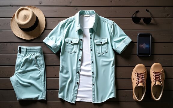 Man summer clothes collage flat lay isolated on dark wood background. Summer outfit of casual man desk top view fashion accessories: shirt, shorts, sunglasses, camera, smartphone. Holiday travel