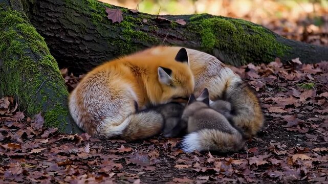 Intimate scene of a red fox mother feeding her cubs in a forest setting during daytime