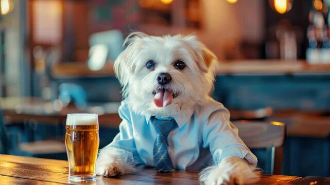 A small white dog sits at a table with a glass of beer, great for pet or bar scenes