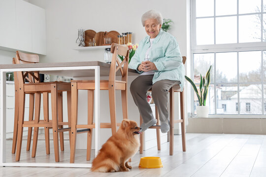 Senior woman with glass of water and Pomeranian dog in kitchen