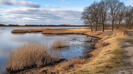 Serene winter lake scene with reeds, bare trees, and a tranquil path.  Reflecting water showcases a peaceful, natural landscape