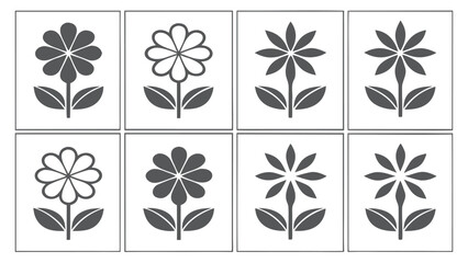 Collection of eight stylized floral icons with varying petal shapes and outlines