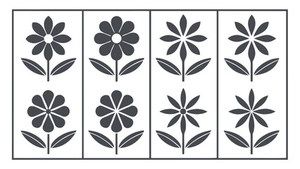 Set of stylized floral motifs with petals and leaves in a grid pattern