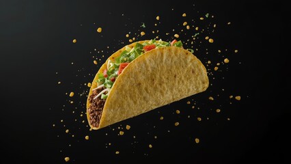 Taco suspended mid-air with crumbs, splashes, or particles frozen in motion. Use bold rim lighting, macro focus, with resturant background to add energy and contrast