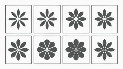 Eight stylized dark grey floral motifs arranged in two rows of four